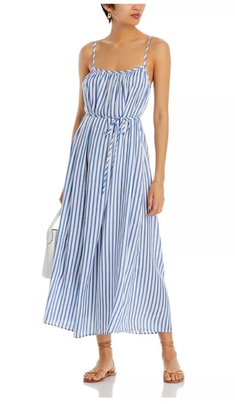 BELLA DAHL WOMENS SMALL BAHAI SHIRRED STRIPED CAMI MAXI DRESS BLUE WHITE NEW